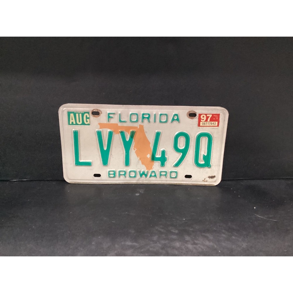 Florida License Plate Tag 1997 Broward, LVY 49Q, Orange Map, Vintage
